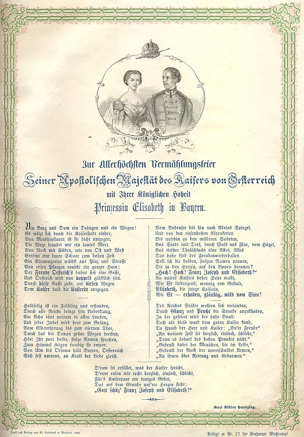 Záhlaví a tiráž přílohy č.  17 jindřichohradeckých "poštovských novin" z dubna 1854 s jeho básní k svatbě Františka Josefa a jeho "Sissi"