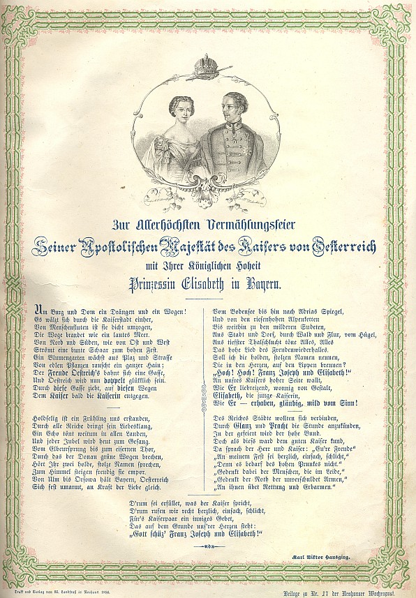 Záhlaví a tiráž přílohy č. 17 jindřichohradeckých "poštovských novin" z dubna 1854 s jeho básní k svatbě Františka Josefa a jeho "Sissi"