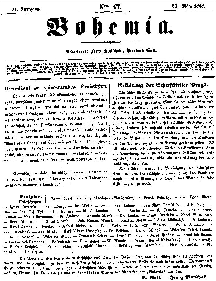 Von Hansgirg jako jeden ze signatářů prohlášení českých a německých spisovatelů v březnu 1848