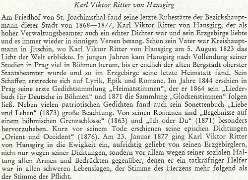 V této pasáži ze své knihy Das böhmische Erzgebirge dokládá Viktor Karell, že Hansgirg byl pochován v Jáchymově