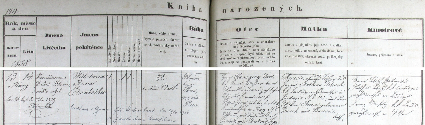 Záznam o narození dcery Wilheminy v plzeňské křestní matrice s přípisem o její druhé svatbě