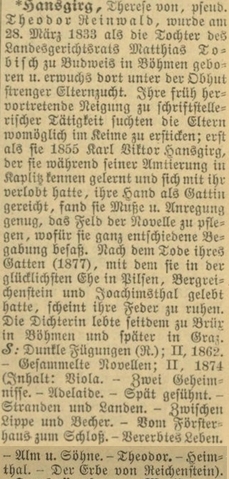 Obsáhle ji zmiňuje i slovník německých básníků a prozaiků z roku 1913 - uvádí se tu jako místo jejího pobytu i Most (Brüx)