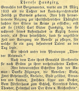 V roce 1894 vyšel v českobudějovickém německém listu její medailon, který naznačuje, že závěr jejího života mohl být spojen i s Brnem