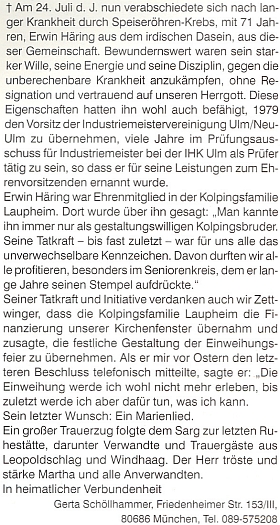 Nekrolog jejího muže Erwina Häringa, který do krajanského měsíčníku napsala Gerta Schöllhammerová