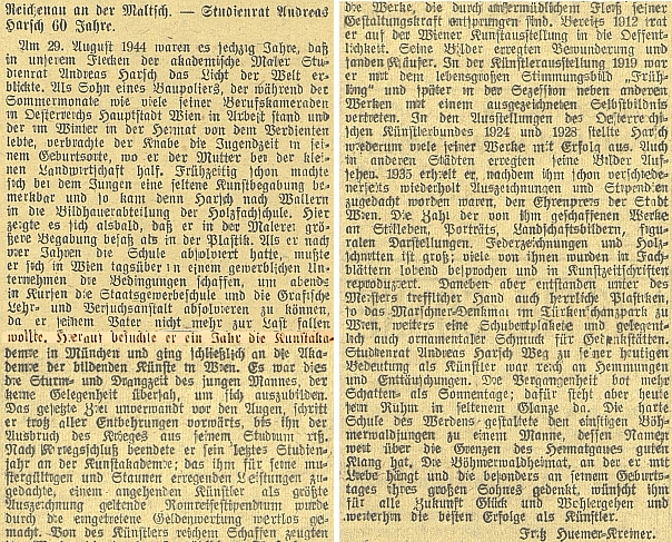 Článek Fritze Huemera-Kreinera k Harschovým šedesátinám na stránkách německého budějovického listu