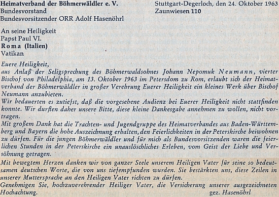 Jím podepsaná odpověď na přiložený dopis z Vatikánu, oznamující blahořečení Jana Nepomuka Neumanna dne 13. října 1963, vyjadřuje dík sdružení Heimatverband der Böhmerwäldler, jehož byl Hasenöhrl spolkovým předsedou