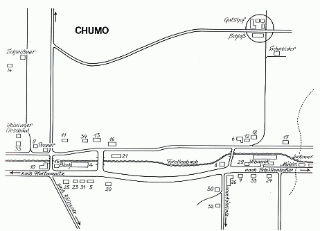 Plán obce Chlum, kreslený Karlem Hasenöhrlem, bratrem Adolfa - vyrostli v domě starosty obce Adolfa Hasenöhrla staršího tj. čp. 29