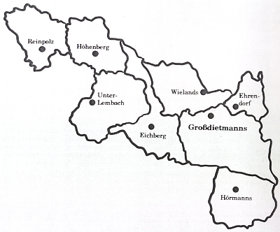 Mapka katastrálního území městyse Großdietmanns, těsně přiléhající k české hranici s Novohradskem