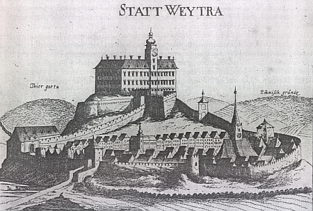 Město Gmünd a město a hrad Weitra na rytině Georga Matthiase Vischera (1628-1696) z roku 1672