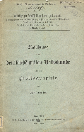 Obálka (1896) jeho úvodu do německo-českého národopisu s cennou bibliografií z fondu Jihočeské vědecké knihovny