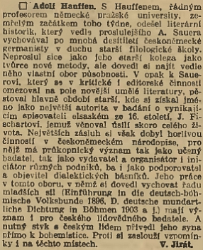 Pozoruhodný nekrolog z pera Vojtěcha Jiráta se objevil v Národních listech