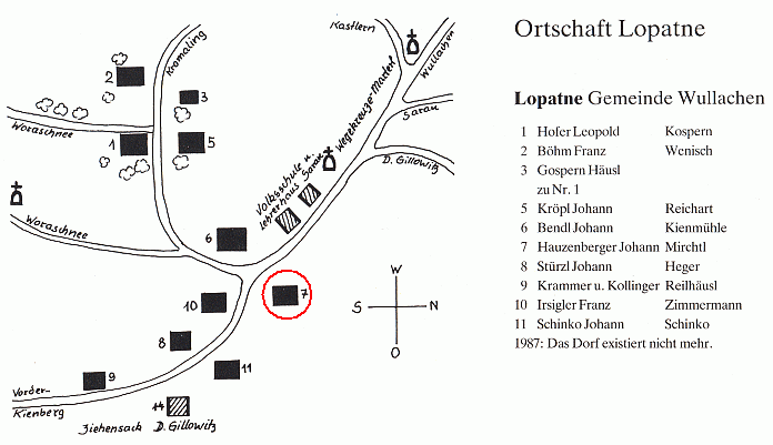 Plánek osady Lopatné s domem Hauzenbergerových čp. 7