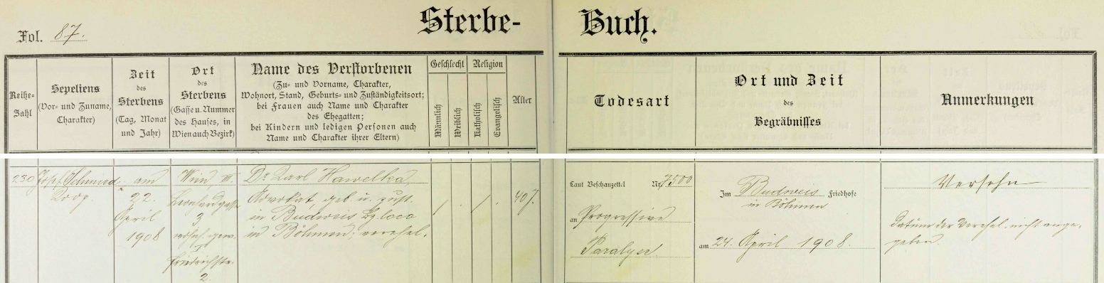 Záznam o jeho úmrtí v knize zemřelých vídeňské farnosti Erdberg při kostele sv. Petra a Pavla