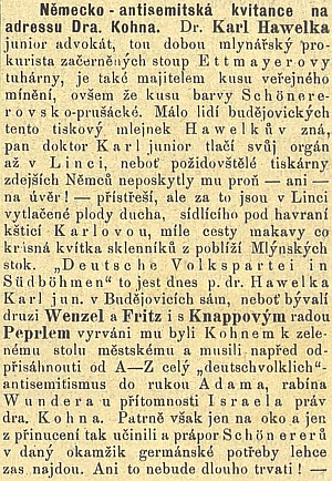 Článek o něm v českém budějovickém listu svědčí o dobovém antisemitismu a zmiňuje i Israela Kohna