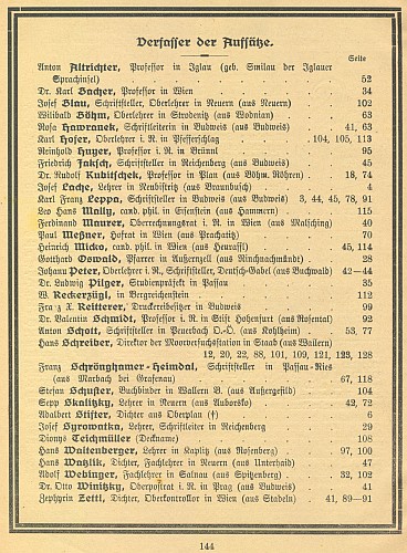 Obálka a obsah šumavského kalendáře (1926), kde se její jméno ocitá v sousedství těch nejvýznamnějších autorů