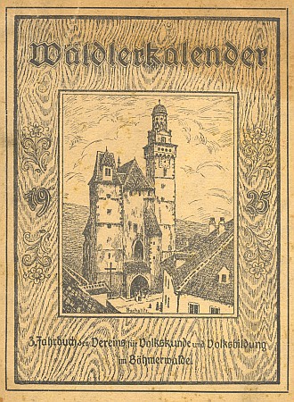 Obálka šumavského kalendáře (1925) s kresbou Wilhelma Fischera
a část jeho obsahu s jejím jménem mezi významnými autory