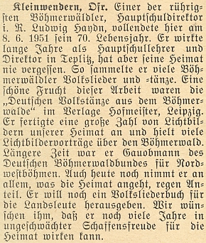 K jeho sedmdesátinám vyšel na stránkách krajanského časopisu v červnu roku 1951 tento text