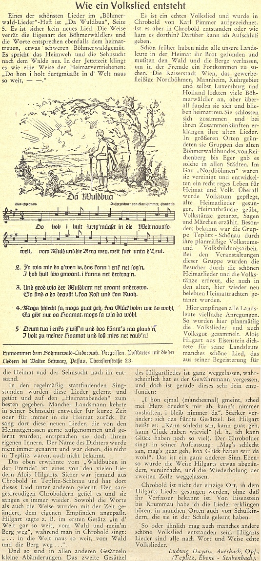 Jeho článek o tom, jak vzniká lidová píseň, kde se jako názorný příklad uvádí píseň z Chrobol, zaznamenaná Karlem Pimmerem, vyšel na stránkách březnového čísla měsíčníku Hoam! v roce 1952