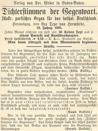 Inzerát nakladatelství Peter Weber v Baden-Baden na jeho časopis "Dichterstimmen der Gegenwart", který vycházel v roce 1905 už ve svém 19. ročníku