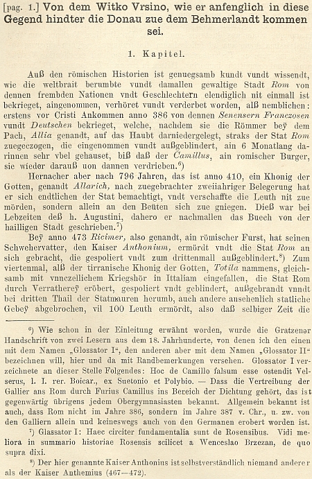 Úvodní část kroniky o příchodu Vítka Ursina s kritickými poznámkami Klimeschovými pod čarou