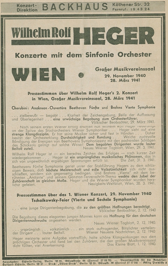 Pozvánka na vídeňský koncert v listopadu 1940