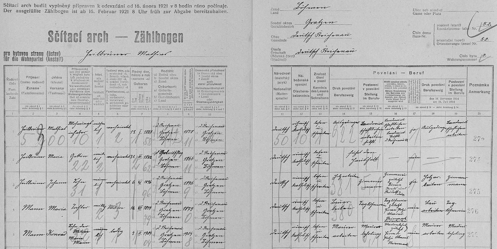 Arch sčítání lidu z roku 1921 pro byt č. 2 ve domě čp. 52 v Rychnově u Nových Hradů