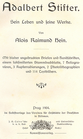 Titulní strana jeho knihy o Stifterovi a frontispis s heliogravurou vídeňského
 c.k. dvorního fotografa Josefa Löwyho (1834-1902), rodáka z Bratislavy