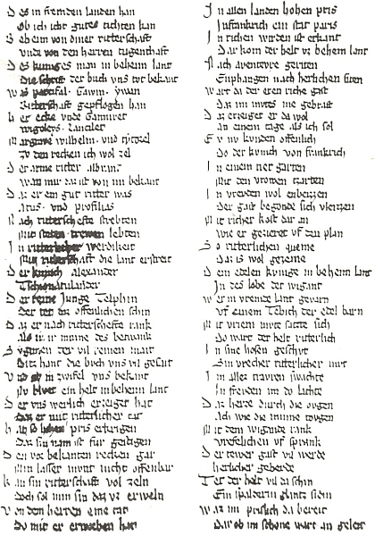 Stránka jediného dochovaného rukopisu jeho básně ze sborníku univerzitní knihovny v Heidelbergu