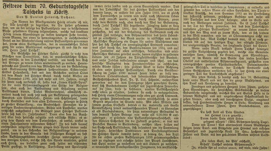 V hořické školní kronice se uchoval i přetisk Heinrichova projevu k oslavě sedmdesátin Josefa Tascheka, v místě konané