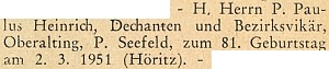 Blahopřání k jeho 81. narozeninám na stránkách krajanského měsíčníku v roce 1951,
krátce předtím, než v listopadu téhož roku v Oberaltingu skonal