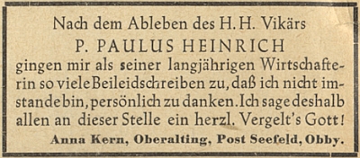 Poděkování jeho dlouholeté hospodyně za projevy soustrasti
po jeho úmrtí v roce 1951 v Horním Bavorsku (Oberbayern)