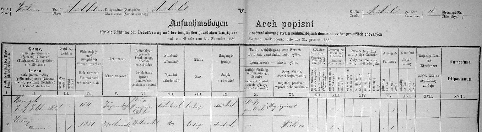 Arch sčítání lidu z roku 1880 uvádí rok narození 1811