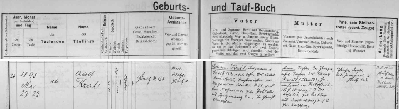 Německy psaný záznam křestní matriky farní obce Hořice na Šumavě o narození Adolfa Krále 27. května roku 1895 (ještě téhož dne ho kaplan Lorenz Walter ve zdejším kostele sv. Kateřiny i pokřtil) v Hořicích čp. 123 - zde se svou ženou bydlící otec dítěte, zdejší horník Johann Král (příjmení psáno dlouze) byl manželským synem Walberta Krale (zde příjmení
psáno krátce), nočního hlídače důlního díla v Mokré (Mugrau) čp. 23, a jeho ženy Kathariny, roz. Pollakové ze dnes téměř zaniklých Hor (Spitzenberg), chlapcova matka Anna byla pak nemanželskou dcerou Theresie Kristlové, manželské dcery podruha v dnes zaniklém Račíně (Radschin) Jakoba Kristla (Christla) a Rosalie, roz. Kollerové z dnes rovněž zcela
zaniklého Ondřejova (Andreasberg) - svobodná matka Anny Králové Theresia Kristlová se stala i novorozencovou kmotřičkou