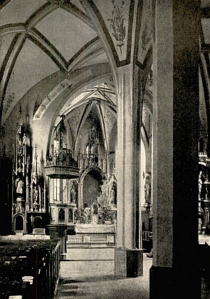 Dva záběry interiéru kaplického děkanského kostela sv. Petra a Pavla z Topographie der historischen und Kunst-Denkmale im Königreiche Böhmen