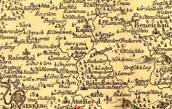 Kaplice na výřezu z "Müllerovy" mapy Čech, tato sice byla vydána roku 1773, ale podklady k ní Johann Christoph Müller shromáždil roku 1712