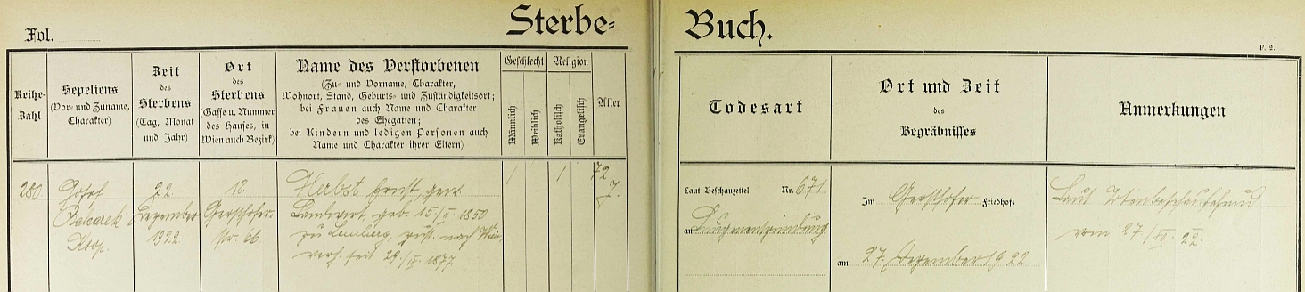 Záznam o jeho úmrtí v knize zemřelých vídeňské farnosti Gersthof