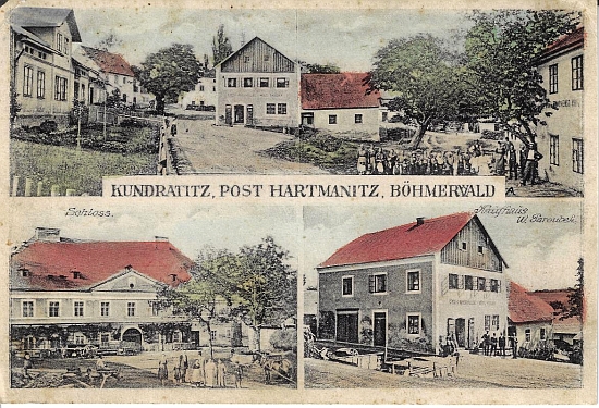 Složená pohlednice Kundratic z přelomu 19. a 20. století zachycuje i tamní zámek