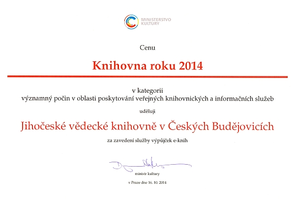 Podpis Daniela Hermana jako ministra kultury na diplomu k ceně Knihovna roku, kterou v roce 2014 získala Jihočeská vědecká knihovna za projekt půjčování e-knih