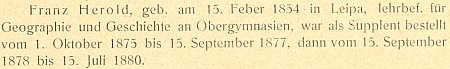 Záznam o době jeho působení na německém učitelském ústavu v Českých Budějovicích v letech 1875-1880