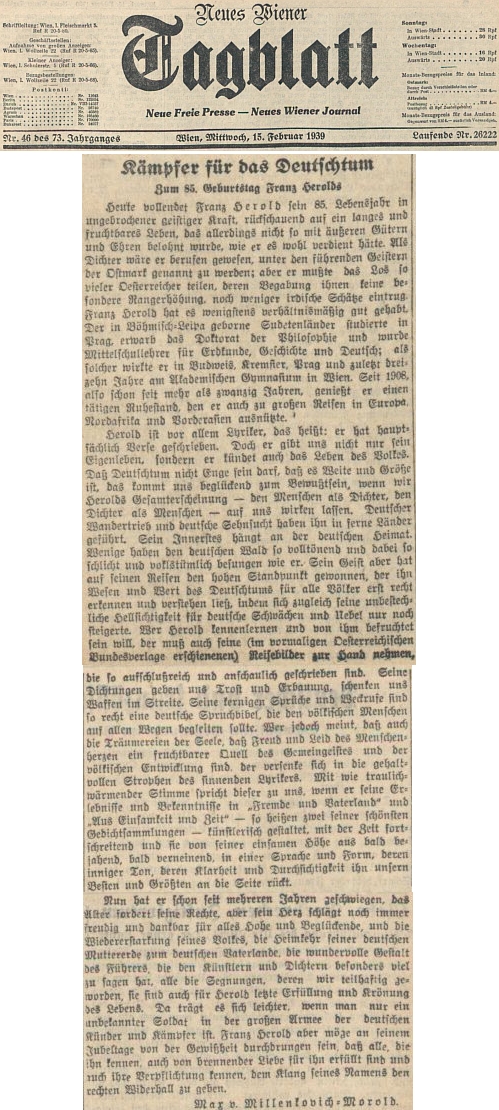 Připomínka jeho pětaosmdesátin na stránkách vídeňského deníku z února roku 1939