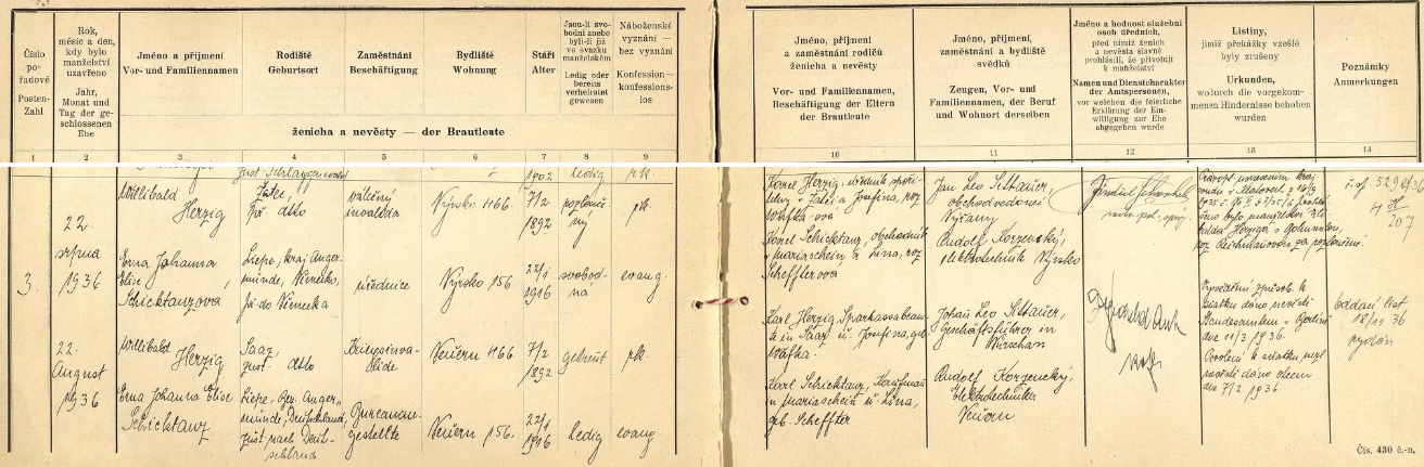 Záznam o jeho druhé svatbě na okresním úřadě v Klatovech 22. srpna roku 1936 s úřednicí Ernou Johannou Elise Schicktanzovou (*22. ledna 1916,
evangelického vyznání, příslušnou do Německa /Liepe, okr. Angermünde/), bydlištěm v Nýrsku čp. 156 (ženich bydlil v Nýrsku čp. 466) - svědkem obřadu byl Hans Leo Sittauer