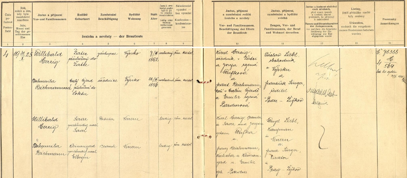 Záznam o jeho první svatbě na okresním úřadě v Klatovech 31. října 1925 s úřednicí Bohumilou Reichmannovou (*28. března 1896) z Malého Újezda, příslušnou do Lokte (byla jako ženich římskokatolického vyznání), oba sezdaní byli bytem v Nýrsku