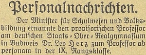 Zpráva českobudějovického německého listu o jeho jmenování profesorem "ad personam" v létě roku 1924