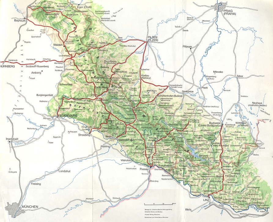 Mapka v příloze její knihy "Zwischen Donau und Moldau" zachycuje "Böhmerwald" od Chebu
po Třeboň jako sídlo posledního z Rožmberků