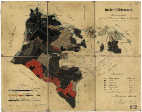 Porostní mapa revíru Plöckenstein z roku 1893, jejímž byl autorem
(klikněte na náhled pro digitalizovanou mapu)