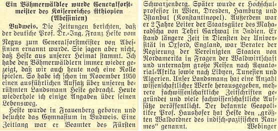 Adolf Webinger tu na stránkách krajanského měsíčníku podává zprávu o jmenování Heskeho generálním lesmistrem etiopského císařství