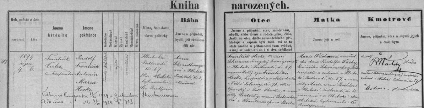 Český záznam o narození a křtu jeho otce v matrice farní obce Hluboká nad Vltavou s pozdějším přípisem o otcově vimperské svatbě s Gertrudou Steinbrenerovou - novorozencův otec Rudolf Heske starší, schwarzenberský knížecí geometr "v Hluboké-Podhradí", byl, jak patrno, synem Františka (Franze) Heskeho a jeho ženy Marie, roz. Wáchové (její otec i matka jsou tu podepsáni jako novorozencovi kmotři), prarodičů tedy "našeho" Rudolfa Heskeho mladšího (záznam o matčině narození viz Annemarie Kuryová)