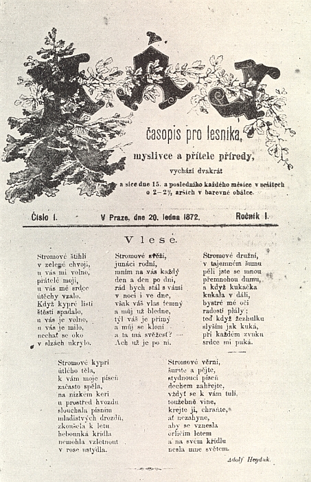 Titulní strana prvního ročníku lesnického časopisu "Háj" s jeho nepochybně "šumavskou" básní