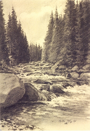 Řeka Vydra, jak ji zachytil písecký grafik Josef Řeřicha (1872-1959)