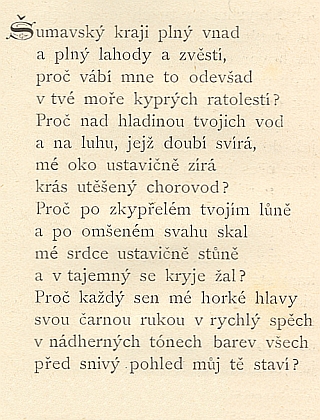 Titulní list a úvodní verše jeho sbírky "Dřevorubec" (1882) s oslavou Šumavy